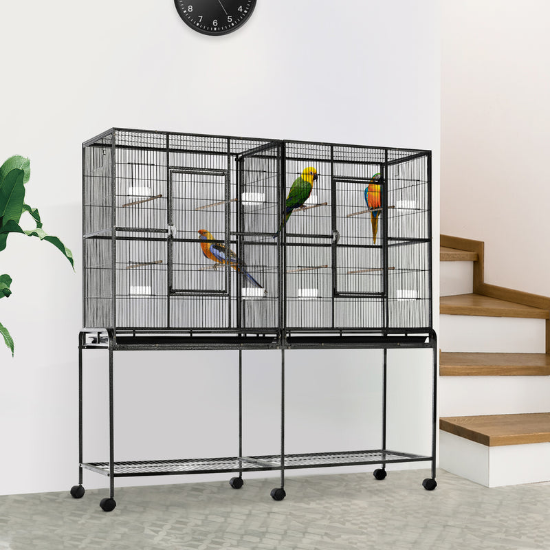 Rolling Bird Cage w/ Storage Shelf, Wood Perch, Food Container