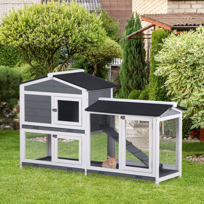 2-tier Wood Rabbit Hutch Backyard Small Animal House Ramp Outdoor Run Enclosed