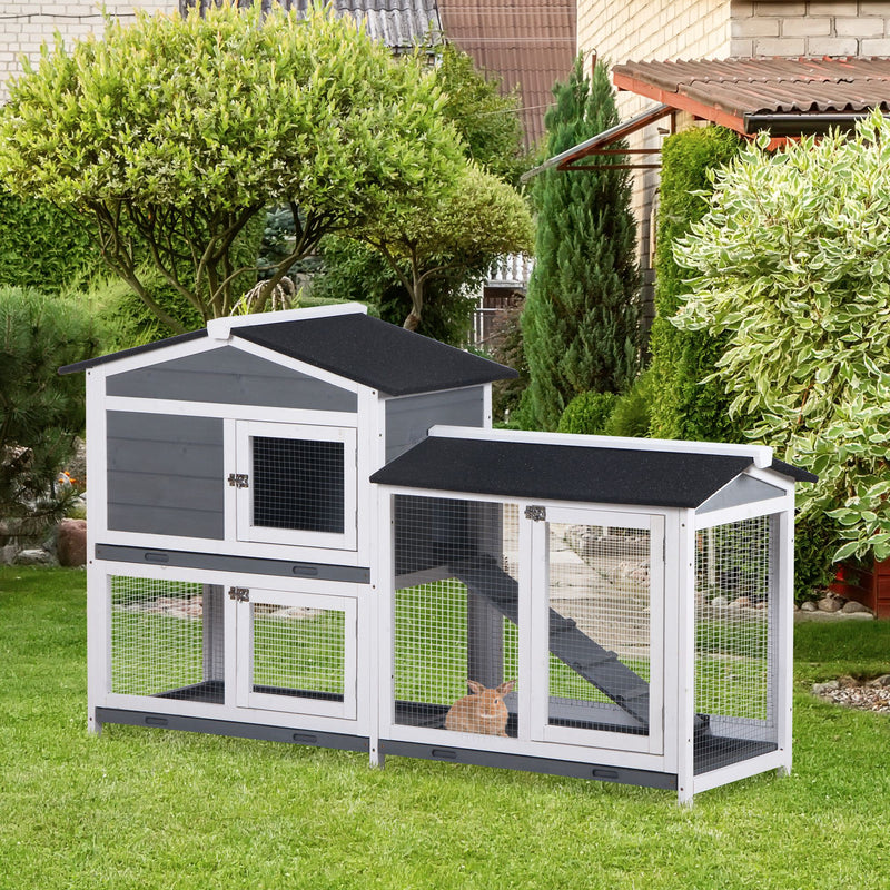 2-tier Wood Rabbit Hutch Backyard Small Animal House Ramp Outdoor Run Enclosed