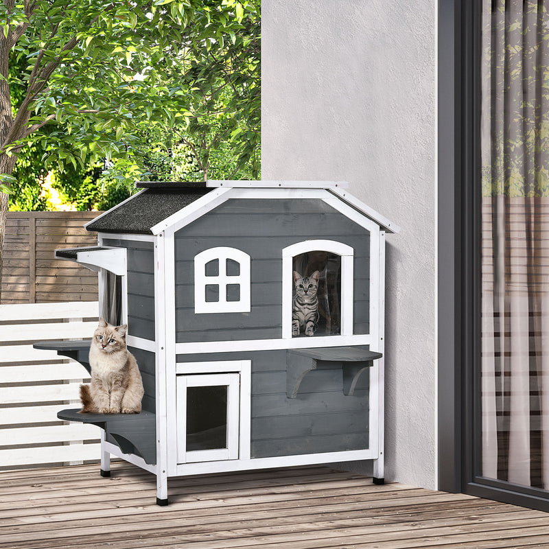 2-Story Wooden Cat Condo w/ Balcony &amp; Doors for Indoor/Outdoor Use