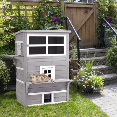 Feral Cat House Outdoor, 3-Tier Kitty Shelter, Weather Resistant, w/ Escape Door