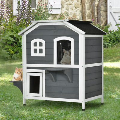 2-Story Wooden Cat Condo w/ Balcony &amp; Doors for Indoor/Outdoor Use