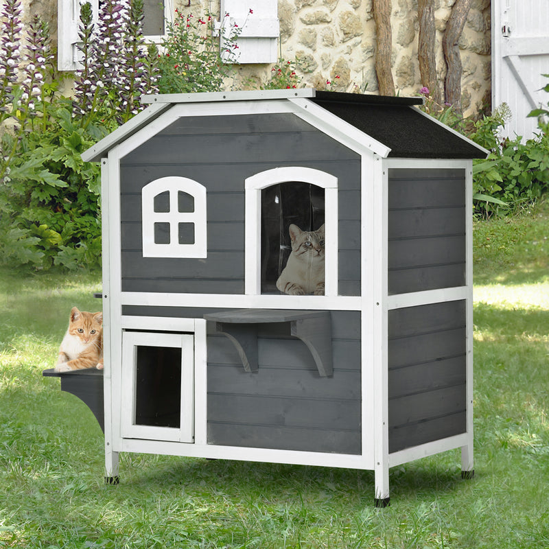 2-Story Wooden Cat Condo w/ Balcony &amp; Doors for Indoor/Outdoor Use