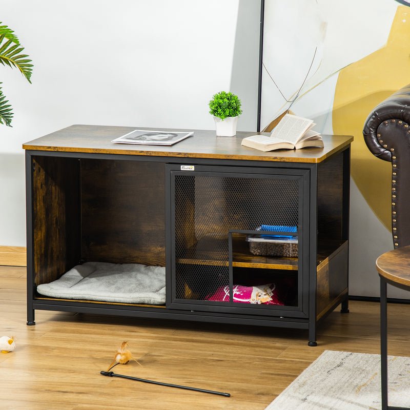 Wooden Cat House End Table, Elevated Kennel Pet Bed w/ Removable Cushion
