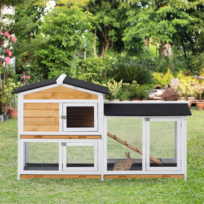 2-tier Wood Rabbit Hutch Backyard Small Animal House Ramp Outdoor Run Enclosed