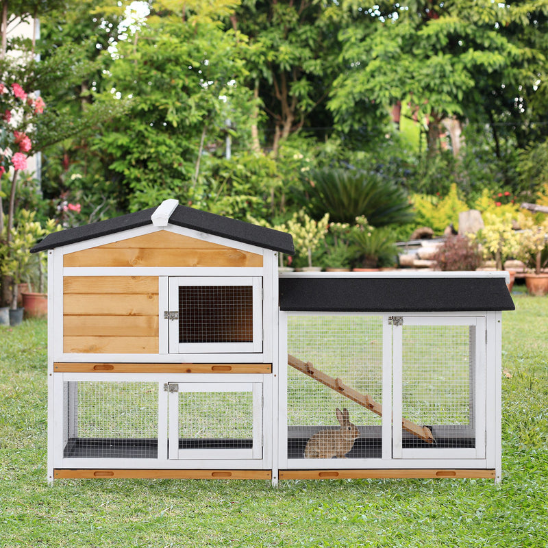 2-tier Wood Rabbit Hutch Backyard Small Animal House Ramp Outdoor Run Enclosed