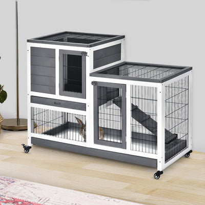 Indoor Rabbit Hutch Bunny Cage with Run Pull Out Tray Casters Ramp