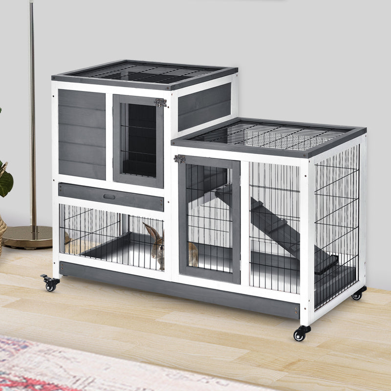 Indoor Rabbit Hutch Bunny Cage with Run Pull Out Tray Casters Ramp