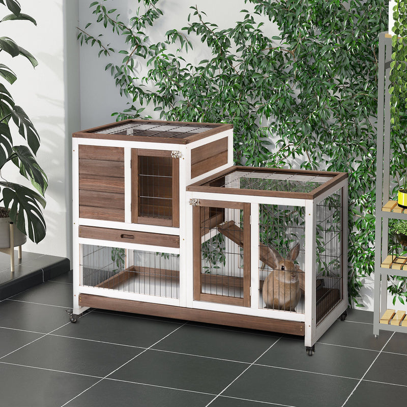 Indoor Rabbit Hutch Bunny Cage with Run Pull Out Tray Casters Ramp