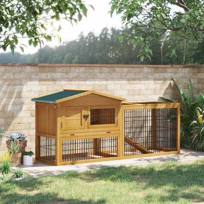Outdoor Fir Wood Rabbit Hutch Bunny Cage Run w/ 2 Levels, Patio &amp; Pull Out Tray