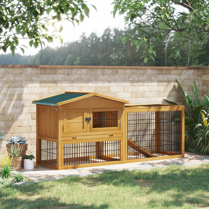 Outdoor Fir Wood Rabbit Hutch Bunny Cage Run w/ 2 Levels, Patio &amp; Pull Out Tray