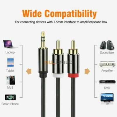 Gold Plated 3.5mm to 2 RCA Male to Male Aux Stereo Audio Cable for TV PC DVD DJ