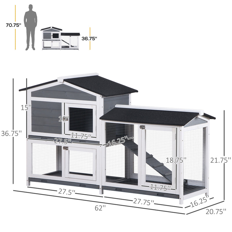 2-tier Wood Rabbit Hutch Backyard Small Animal House Ramp Outdoor Run Enclosed