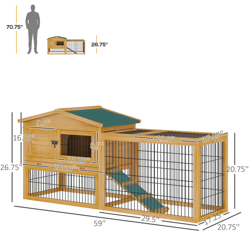 Outdoor Fir Wood Rabbit Hutch Bunny Cage Run w/ 2 Levels, Patio &amp; Pull Out Tray