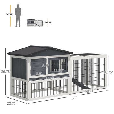 Outdoor Fir Wood Rabbit Hutch Bunny Cage Run w/ 2 Levels, Patio &amp; Pull Out Tray
