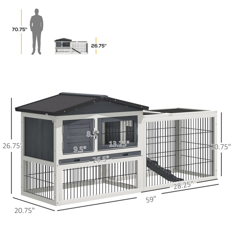 Outdoor Fir Wood Rabbit Hutch Bunny Cage Run w/ 2 Levels, Patio &amp; Pull Out Tray