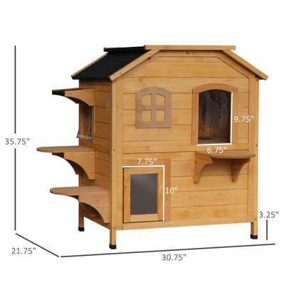 2-Story Wooden Cat Condo w/ Balcony &amp; Doors for Indoor/Outdoor Use