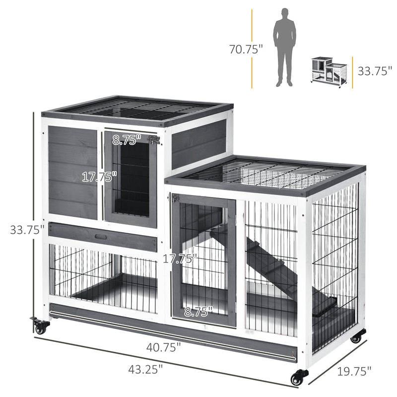Indoor Rabbit Hutch Bunny Cage with Run Pull Out Tray Casters Ramp