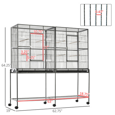 Rolling Bird Cage w/ Storage Shelf, Wood Perch, Food Container