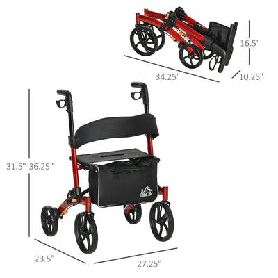 Folding Aluminum Rollator Walker w/ 10&apos;&apos; Wheels Bag Seat and Backrest