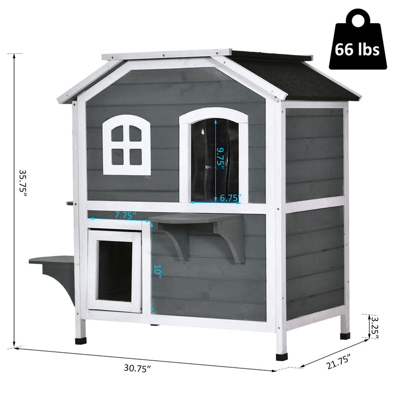2-Story Wooden Cat Condo w/ Balcony &amp; Doors for Indoor/Outdoor Use