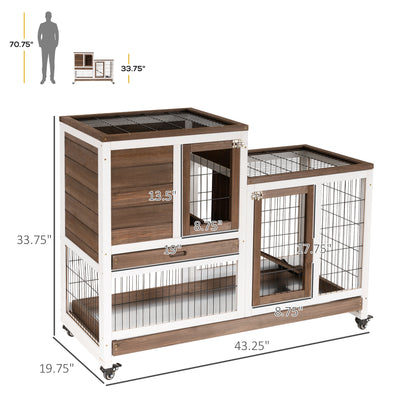 Indoor Rabbit Hutch Bunny Cage with Run Pull Out Tray Casters Ramp