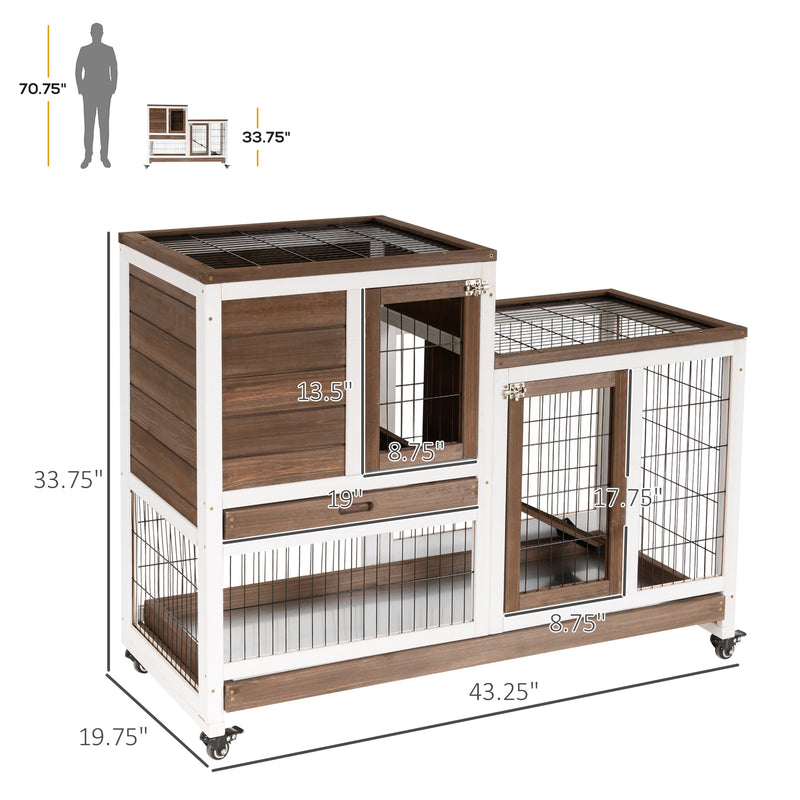Indoor Rabbit Hutch Bunny Cage with Run Pull Out Tray Casters Ramp