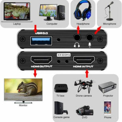 4K Audio Video Capture Card HDMI USB 3.0 Device HD1080P Game Recording Stream
