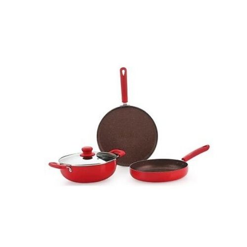 Kitchen Cookware Set Aluminum Dishwasher Safe Non Stick Induction- 4 Pcs- RED
