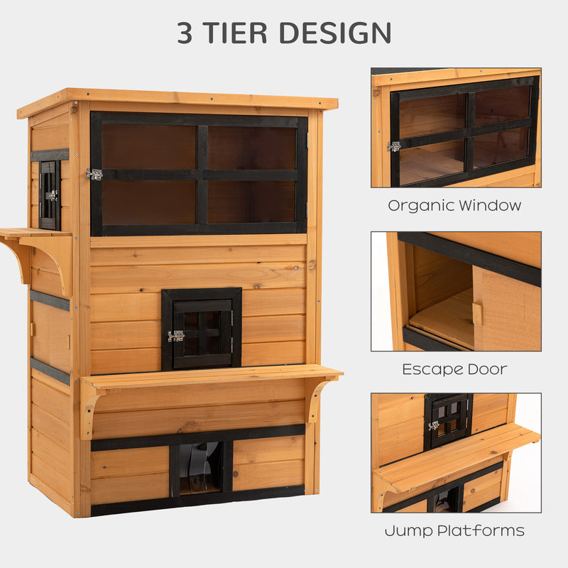 Feral Cat House Outdoor, 3-Tier Kitty Shelter, Weather Resistant, w/ Escape Door