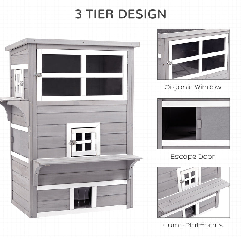 Feral Cat House Outdoor, 3-Tier Kitty Shelter, Weather Resistant, w/ Escape Door