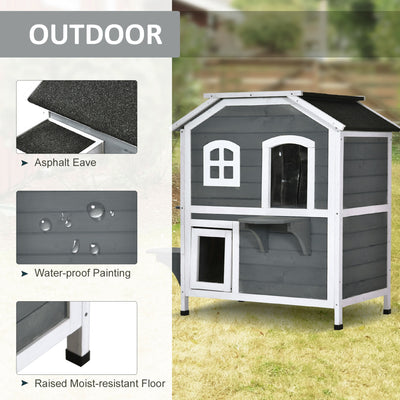 2-Story Wooden Cat Condo w/ Balcony &amp; Doors for Indoor/Outdoor Use