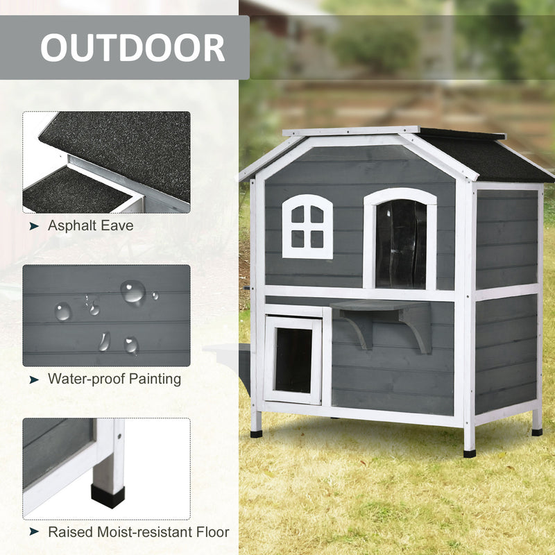 2-Story Wooden Cat Condo w/ Balcony &amp; Doors for Indoor/Outdoor Use