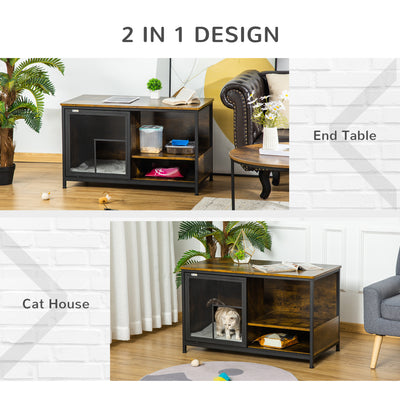 Wooden Cat House End Table, Elevated Kennel Pet Bed w/ Removable Cushion