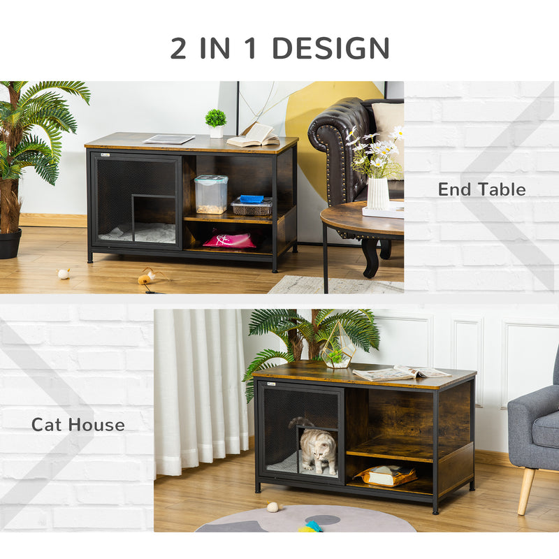 Wooden Cat House End Table, Elevated Kennel Pet Bed w/ Removable Cushion