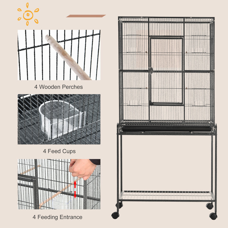 Rolling Bird Cage w/ Storage Shelf, Wood Perch, Food Container