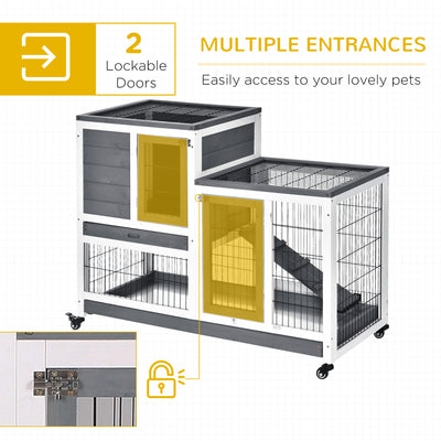 Indoor Rabbit Hutch Bunny Cage with Run Pull Out Tray Casters Ramp
