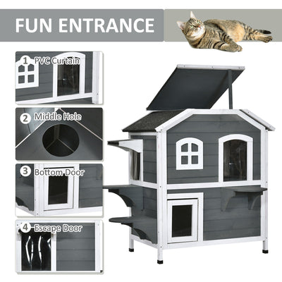 2-Story Wooden Cat Condo w/ Balcony &amp; Doors for Indoor/Outdoor Use