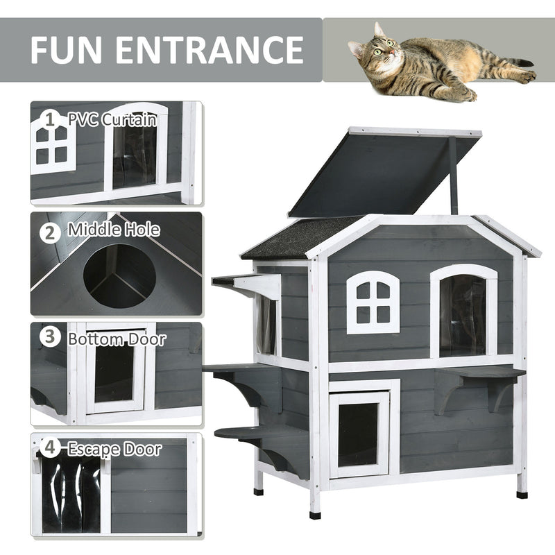 2-Story Wooden Cat Condo w/ Balcony &amp; Doors for Indoor/Outdoor Use