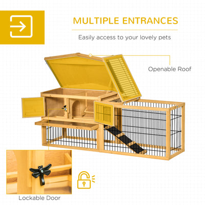 Outdoor Fir Wood Rabbit Hutch Bunny Cage Run w/ 2 Levels, Patio &amp; Pull Out Tray
