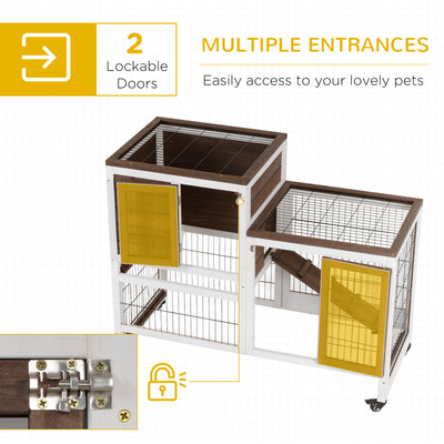 Indoor Rabbit Hutch Bunny Cage with Run Pull Out Tray Casters Ramp