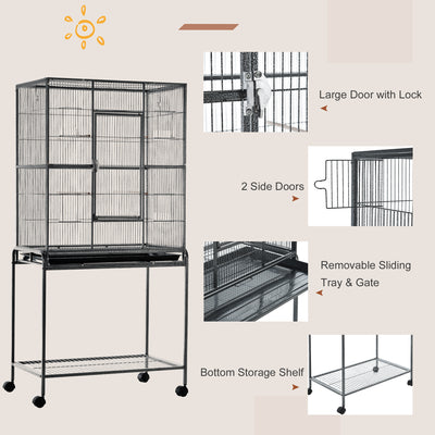 Rolling Bird Cage w/ Storage Shelf, Wood Perch, Food Container