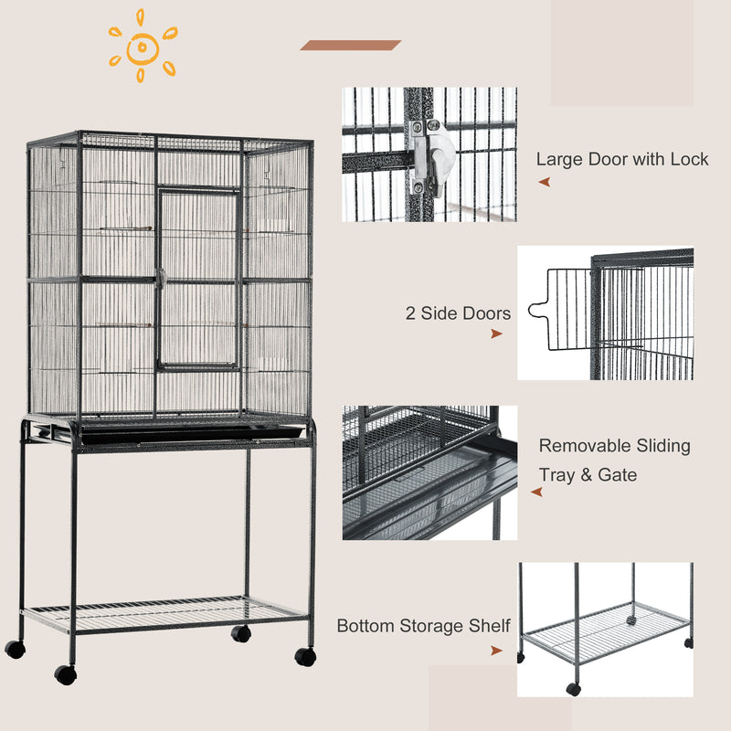 Rolling Bird Cage w/ Storage Shelf, Wood Perch, Food Container