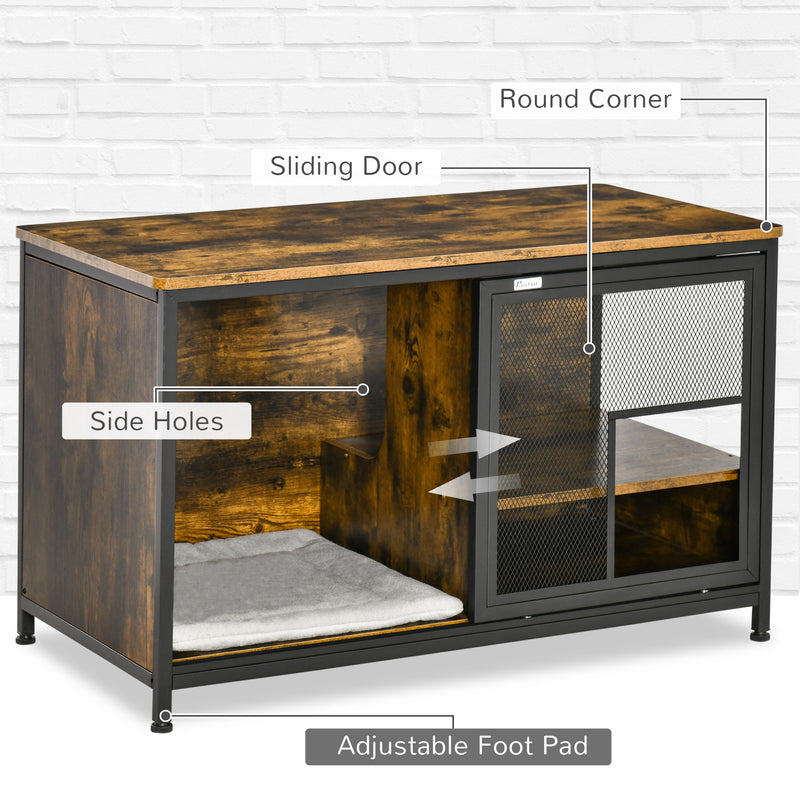 Wooden Cat House End Table, Elevated Kennel Pet Bed w/ Removable Cushion