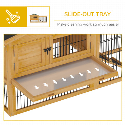 Outdoor Fir Wood Rabbit Hutch Bunny Cage Run w/ 2 Levels, Patio &amp; Pull Out Tray