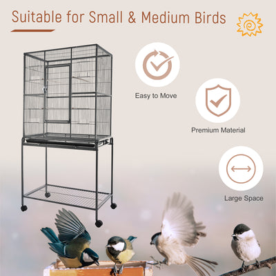 Rolling Bird Cage w/ Storage Shelf, Wood Perch, Food Container