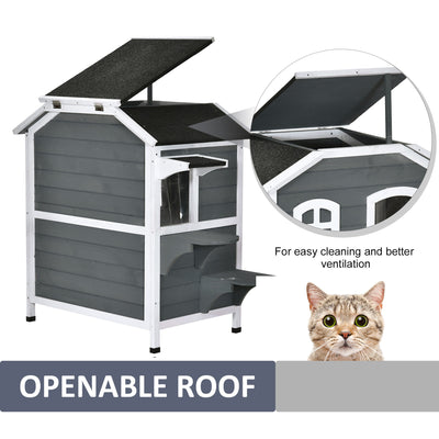 2-Story Wooden Cat Condo w/ Balcony &amp; Doors for Indoor/Outdoor Use