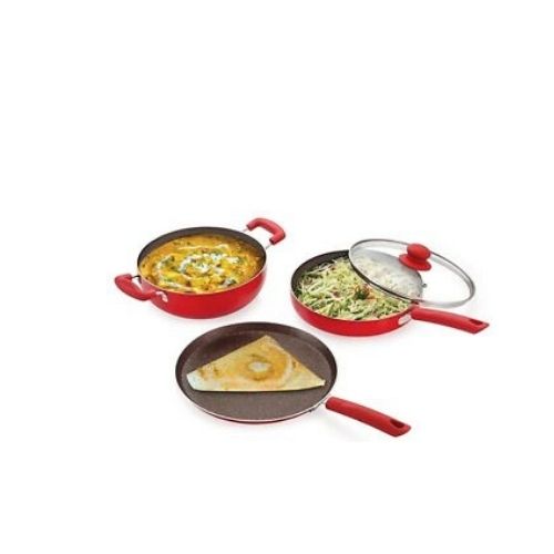 Kitchen Cookware Set Aluminum Dishwasher Safe Non Stick Induction- 4 Pcs- RED