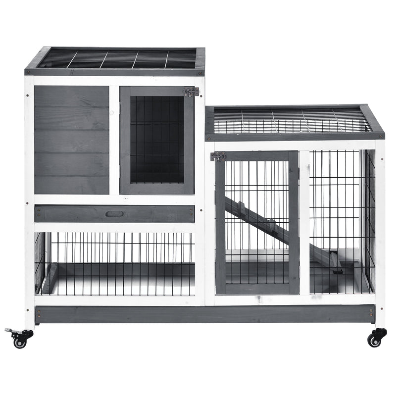 Indoor Rabbit Hutch Bunny Cage with Run Pull Out Tray Casters Ramp