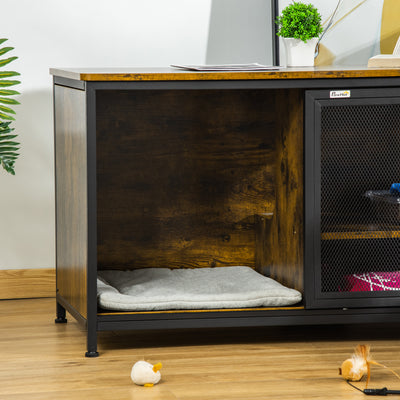 Wooden Cat House End Table, Elevated Kennel Pet Bed w/ Removable Cushion
